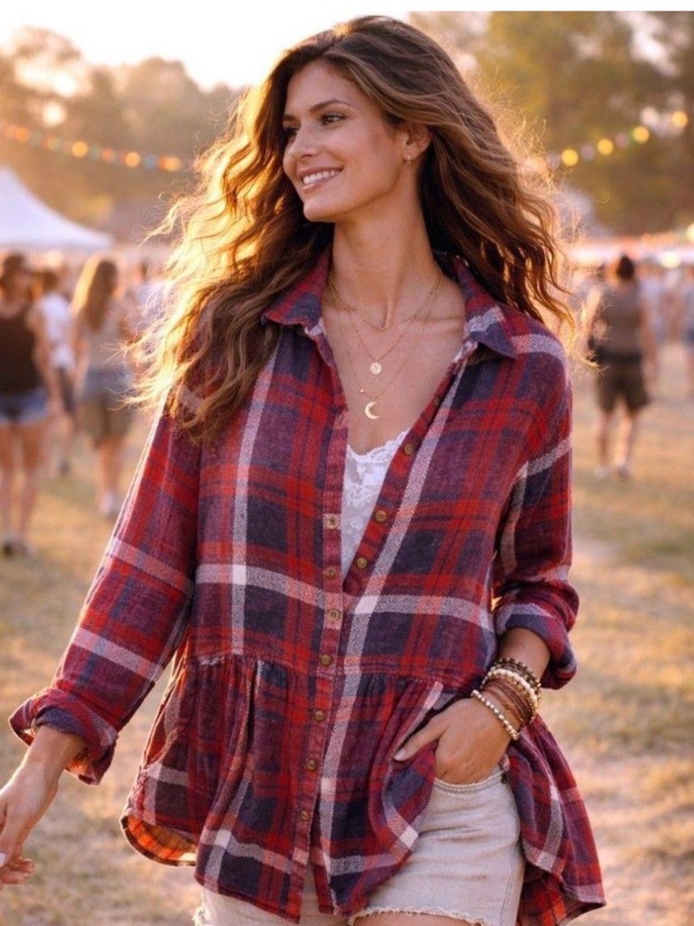 Free People Red and Black Plaid Blouse
